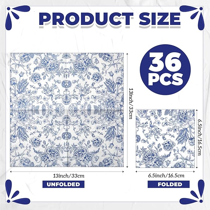 Crtiin 36 Pack 9 Styles Decoupage Napkins Assorted Floral Decorative Decoupage Napkins Chinoiserie Cocktail Paper for DIY Crafting Birthday Party, Each Unfolded 13 Inch(Blue Floral)