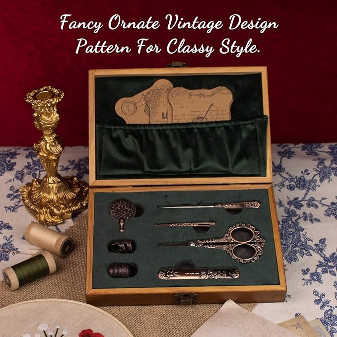 Vintage Embroidery Scissors Kit, Victorian Needlework Gift Set with Antique Shear, Thread Cutter, Thimbles, Needles, Awl, Bodkin, Winding Board for Sewing, Knitting, Cross Stitch, Quilting