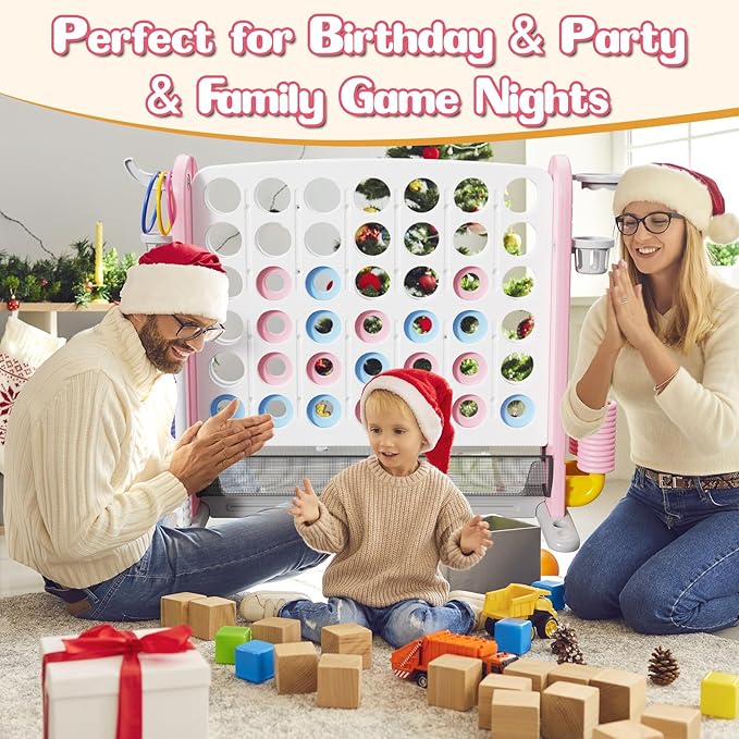 Giant 4 in-A-Row Connect Game Set, Adjustable Height Jumbo Yard Game with Basketball Hoop, Golf, Mesh Pocket & Ring Toss, Indoor Outdoor Family Backyard Party Game for Kids and Adults, Pink-White