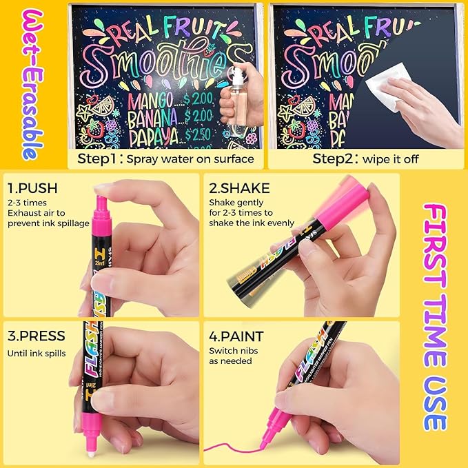 SFAIH 24 Vibrant Chalk Markers for Blackboard [1s Wet Wipe] - No Residue, 6mm Chalk Markers for Chalkboard Calendar, Glass, Window, Menus, Labels, Signs, Car, Non-Toxic, Ideal for Bistro Home School