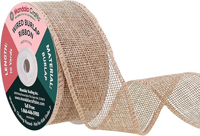 Mandala Crafts Natural Burlap Wired Ribbon 1.5 Inches Wide Jute Ribbons for Crafts - 10 Yds Roll Rustic Burlap Wrap Trim Ribbons for Wreaths Bows Party Decoration