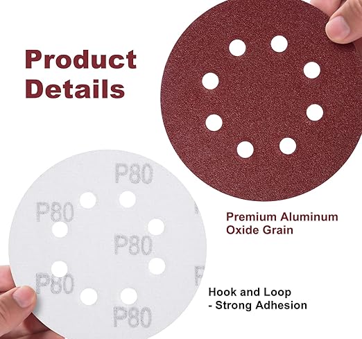 S SATC 150 PCS Sanding Discs 80 Grit Hook and Loop 5 Inch 8 Hole Adhesive Sandpaper for Woodworking and Automotive
