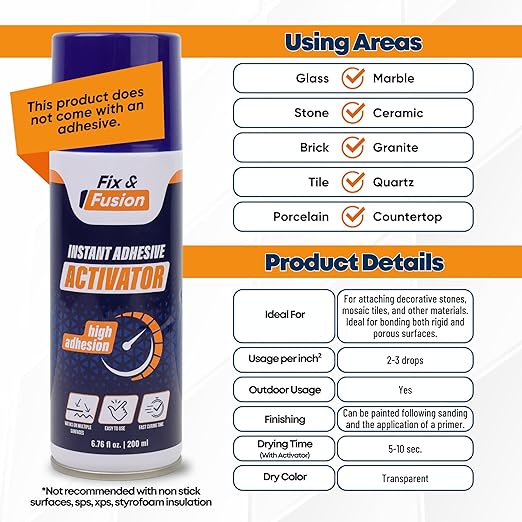 FIX & FUSION Activator Spray (6.76 Fl Oz), Instant Cure Accelerator for Cyanoacrylate (CA) Super Glue for Wood, Plastic, Rubber, Granite, and DIY & Professional, Accelerates Bonding Strength, (6 Pack)