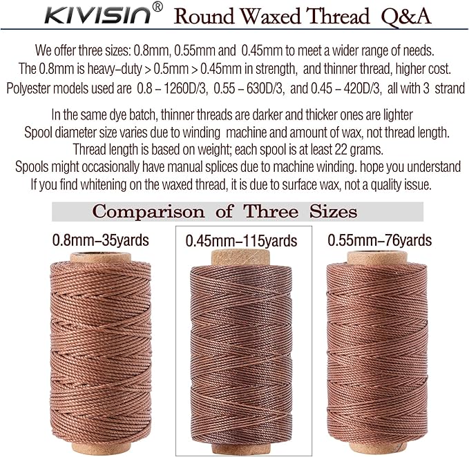 Round Waxed Thread 0.45mm 12 Neutral Colors, Thin Cord Wax Coated 3 Ply Polyester Strings 115 Yards/Spool for Leather Upholstery Sewing, Stitching, Bookbinding, Beading, Macrame Braiding
