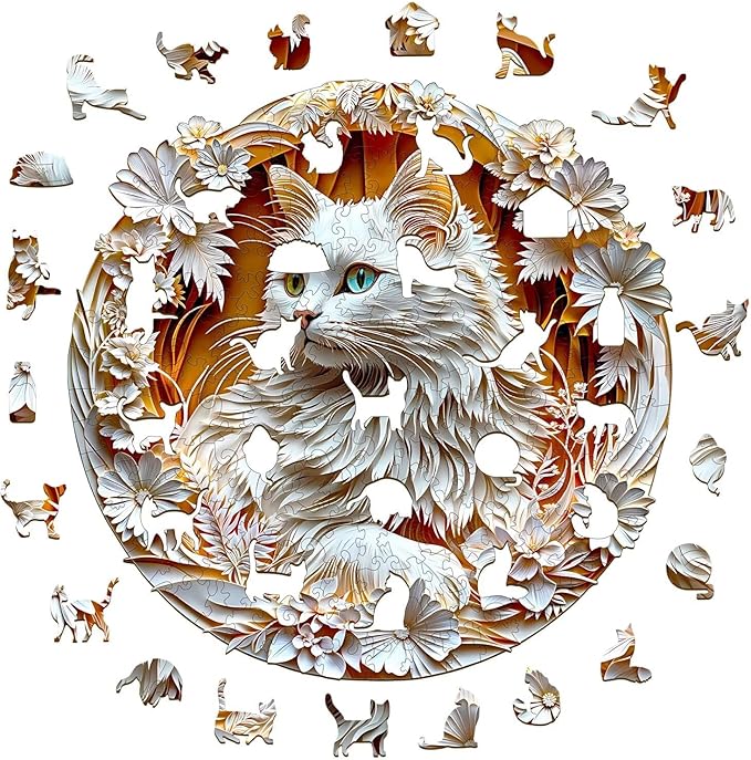 Wooden Puzzles Adults, 3D Cute Cat Wooden Puzzles 200 Pieces, Unique Animal Shaped Wood Challenging Jigsaw Puzzles Gifts for Adults, 11.4x11.4in
