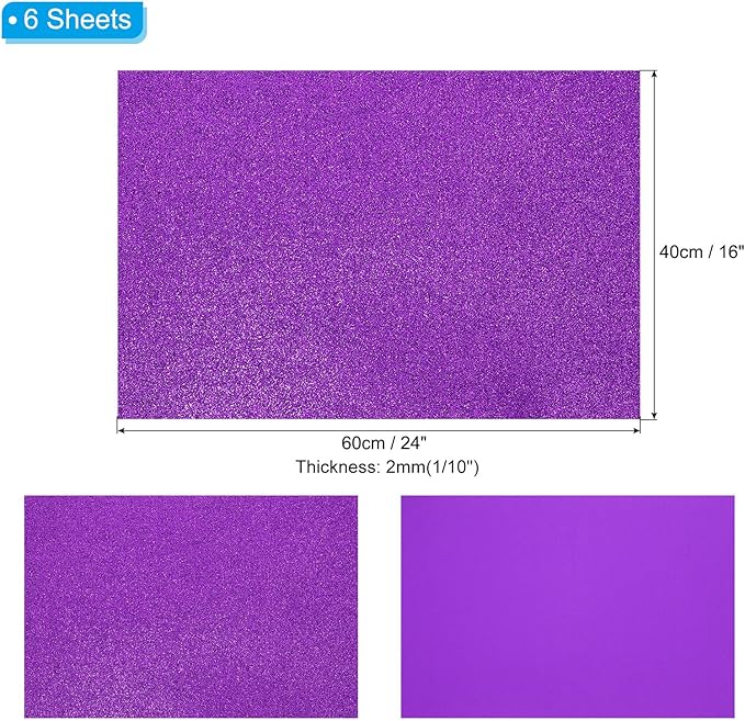 PATIKIL 2mm(1/10") Thick Non Adhesive Glitter Foam Sheet 16x24inch(40x60cm) Light Purple, EVA Shiny Foam Board for Craft, 6 Pcs