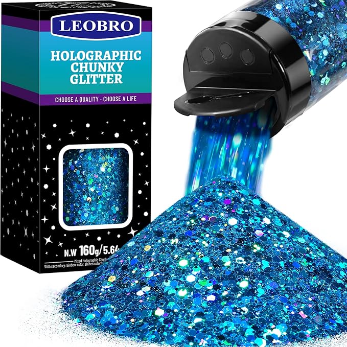LEOBRO Blue Glitter, 160G/5.64OZ Holographic Chunky Glitter for Crafts, Resin, Body Nail, DIY Decorations, Light Blue