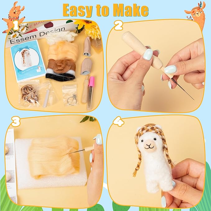 WATINC Needle Felting Kit - 3 Set Unique Different Cute Doll Wool Felt Needle Tools Foam Pad Instruction, DIY Home Decoration Craft Party Supplies for Art Work Starter Beginners (Alpaca)