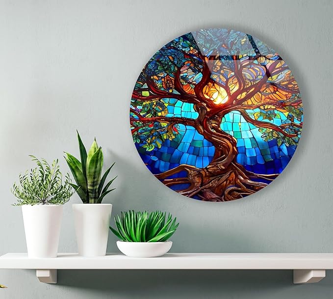 My Photostation.com Round 31,5'' Stained Blue Life of Tree Glass Wall ArtTempered Glass Printing Wall Decor Large Wall Art Wall Hangings