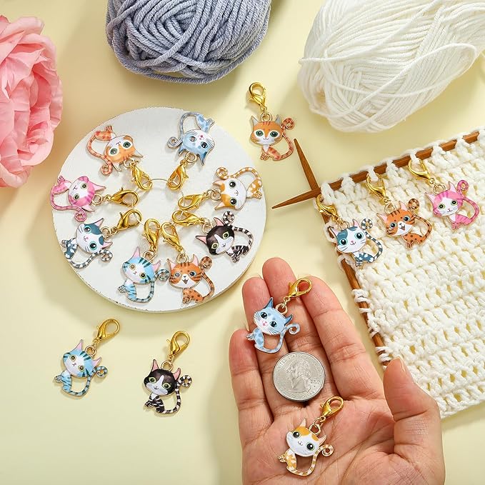 BEEFLYING 16Pcs Cat Stitch Marker Charms for Crocheting and Knitting, 8 Styles Alloy Enemal Crochet Knit Stitch Marker Pendant with Lobster Clasp for Sewing Quilting Handmade Jewelry