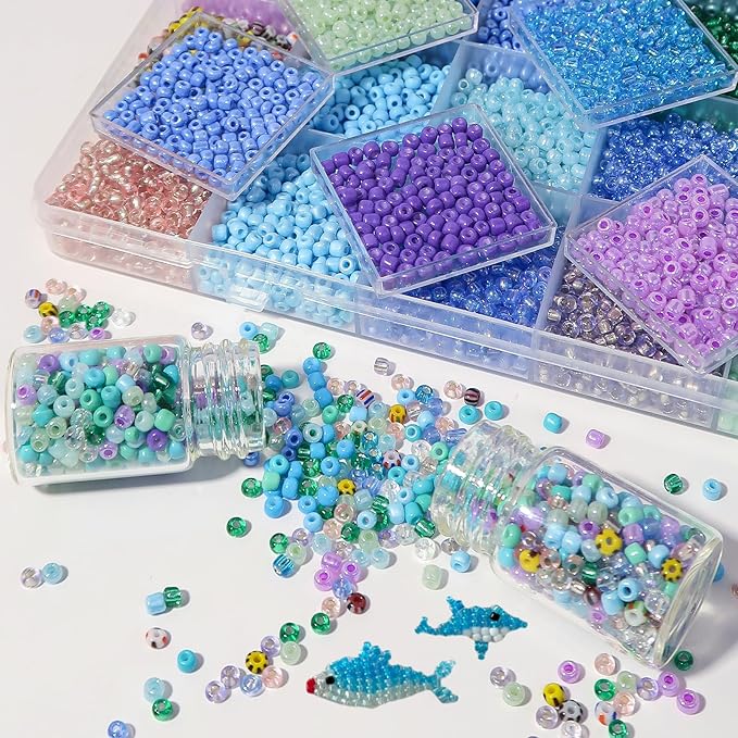 11200pcs Glass Seed Beads for DIY Crafting Bracelet Necklace Embroidery Jewelry Making Supplies (3mm, 400pcs/Color, 28 Colors, Blue Scheme)