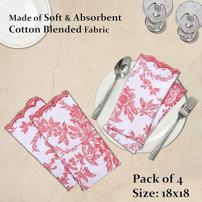 Ridhi Peach Coral Hand Block Print Napkins 18" x 18" Set of 4 Reusable Cotton Dinner Napkins for Weddings, Parties & Everyday Dining, Thanksgiving, Christmas, Fall