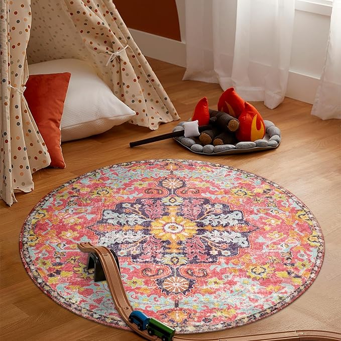 Lahome Bohemian Floral Medallion Round Rug - 3Ft Small Hot Pink Round Area Rug for Girls Bedroom Nursery Mat, Boho Washable Soft Indoor Throw Entryway Carpet for Living Room Office Coffee Table