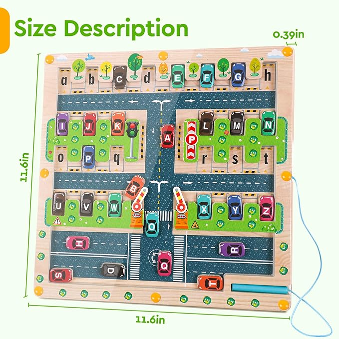Magnetic Alphabet Maze - Montessori Parking Board Letters Matching Educational Toys Magnet Puzzle Preschool Sensory Activities Gifts for Toddlers Boys Girls Age 2-6