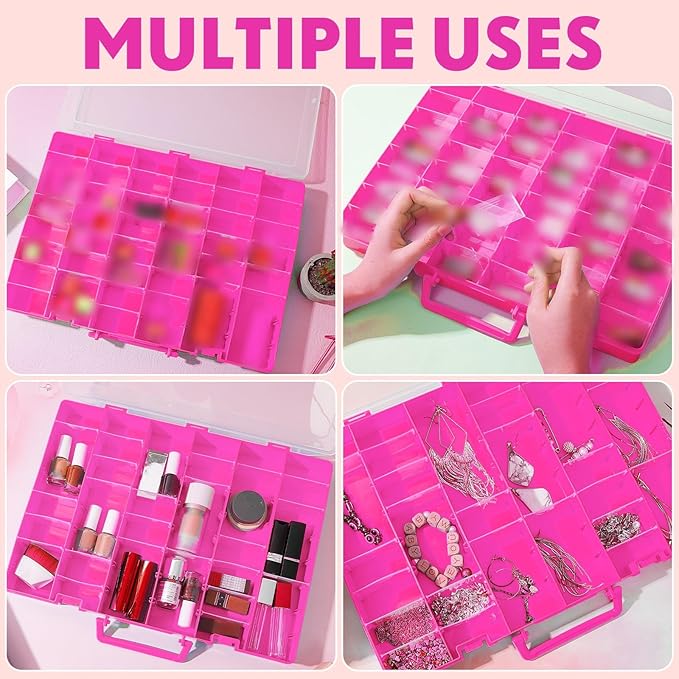 Juexica 2 Pcs Large 48 Grids Plastic Storage Bead Organizer Box, Tackle Box, Compartment Organizer Container with Adjustable Dividers for Jewelry Art Crafts Toys Screw Small Parts(Pink)