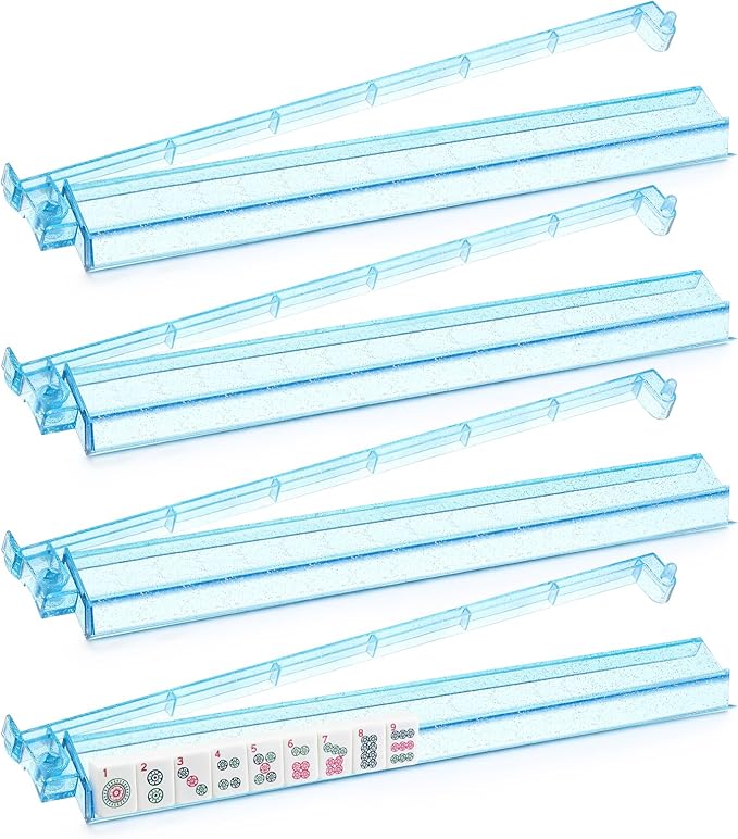 Mahjong Racks with Pushers Set of 4, Mahjong Tile Pushers and Racks, Acrylic Majiang Tile Holders Accessories (Bling Blue)