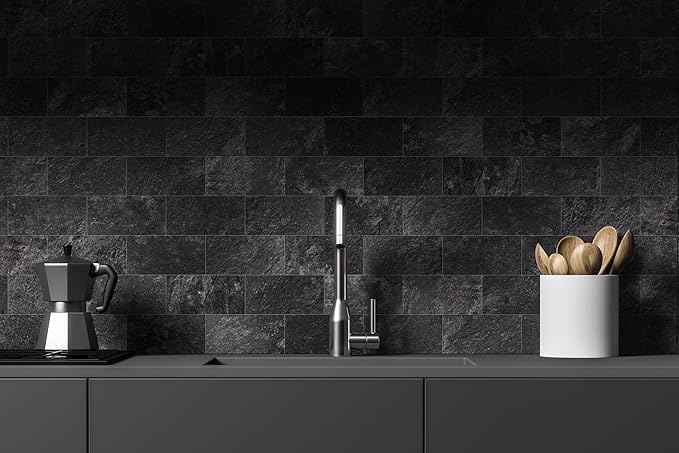 100 Pieces Peel and Stick Backsplash for Kitchen, 3" x 6" PVC Subway Tile 2025 Upgraded Graphite Stone Backsplash Stick on Tile Elevate Kitchen Fireplace RV