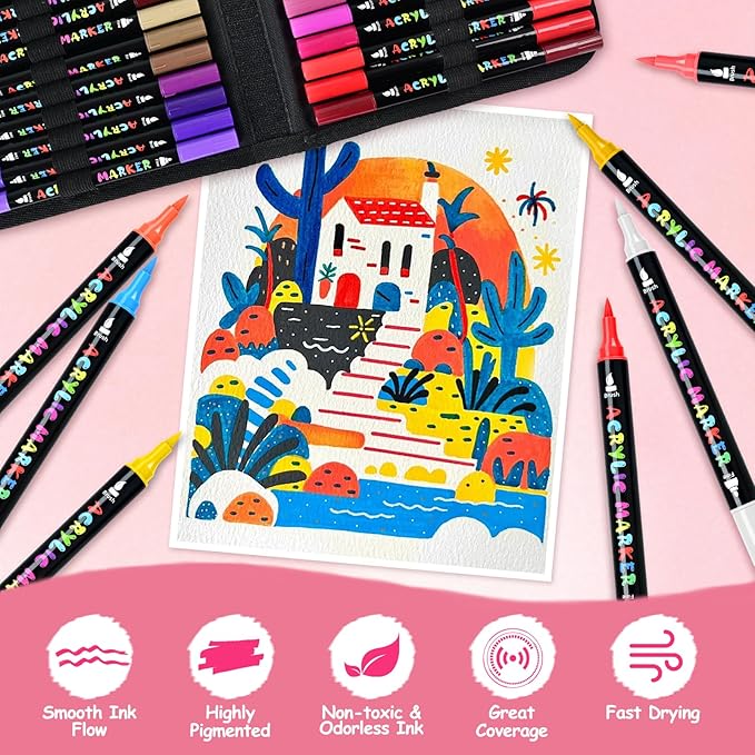IVSUN Acrylic Paint Pens, 60 Colors Dual Tip Paint Markers with Fine Tip and Brush Tip for Stone, Wood, Canvas, Calligraphy, Ceramic, Metal, Glass, Rock Painting, DIY Crafts Art Supplies Kit