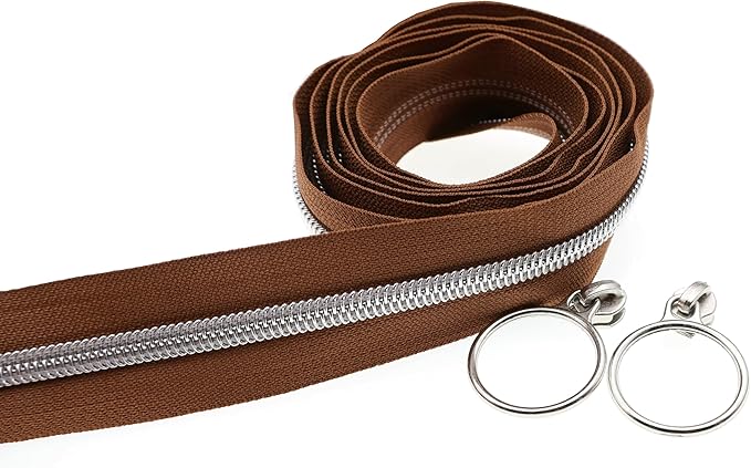 Leekayer #5 Silver Metallic Nylon Coil Zippers by The Yard Bulk 10 Yards Brown Zipper Tape with 25pcs Silver Ring Pull Sliders for DIY Sewing Tailor Craft Bag(Brown)