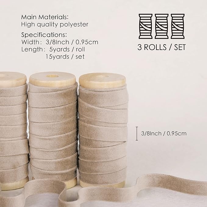 Vitalizart Camel Velvet Ribbon Set 3/8"" x 15 Yd Wooden Spool Fabric Trim 3 Rolls * 5 Yd for Christmas Wreath Decoration Handmade Craft Ornaments Gift Wrapping & Bow Making
