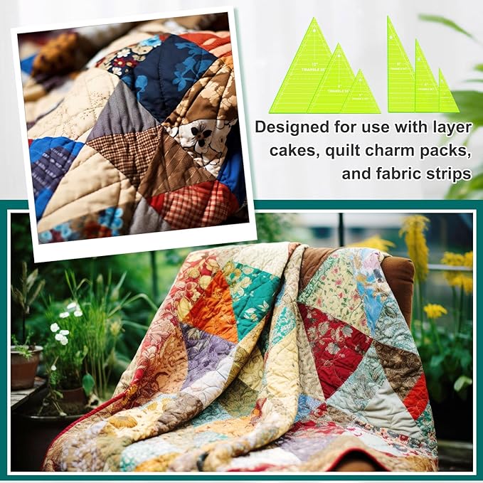 Kigley 3 Set Tall Triangle Rulers for Quilting 6 8 10 Inch Wedge Triangle & Wing Quilting Rulers and Templates Acrylic Quilt Templates for Sewing Layer Cake Patchwork Cutting Pattern DIY Craft (Green)