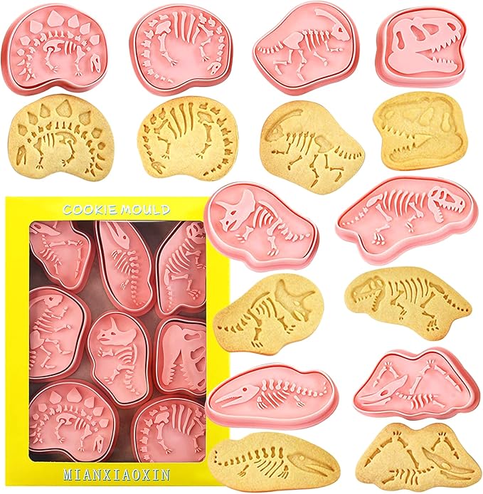 Dinosaur Fossil Cookie Cutter Set – 8pcs 3D Plastic Cookie Stamps – Fun Dino Skeleton Cookie Molds – Food Grade Kids Baking Set for Dinosaur-Themed Cookies, Cakes & Treats