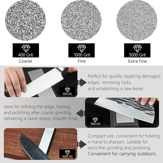 Diamond Sharpening Stone Set, Knife Sharpener Stone, Double-sided Coarse 400 / Fine 1000# | Extra Fine 3000 Grit, 2 Sizes Whetstone Tool with Non-Slip Base, Diamond Plate Honing Stone, Hone Sharpener