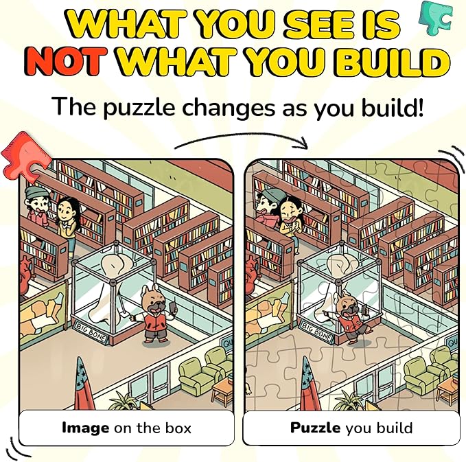 Odd Pieces Jigsaw Puzzles 1000 Pieces - Magic Mystery Story Secret Ending Puzzle - Perfect Game Night for Adults & Kids - Cat Dog Cartoon Theme (Snack Attack)