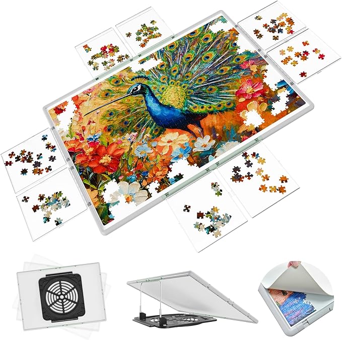 2000 Pieces Puzzle Board 3-in-1 Double-Sided & Rotating & Tilting, Plastic Puzzle Table with Sorting Boxes and PVC Cover, Portable Lazy Susan Jigsaw Puzzle Board for Adults, Gray Green