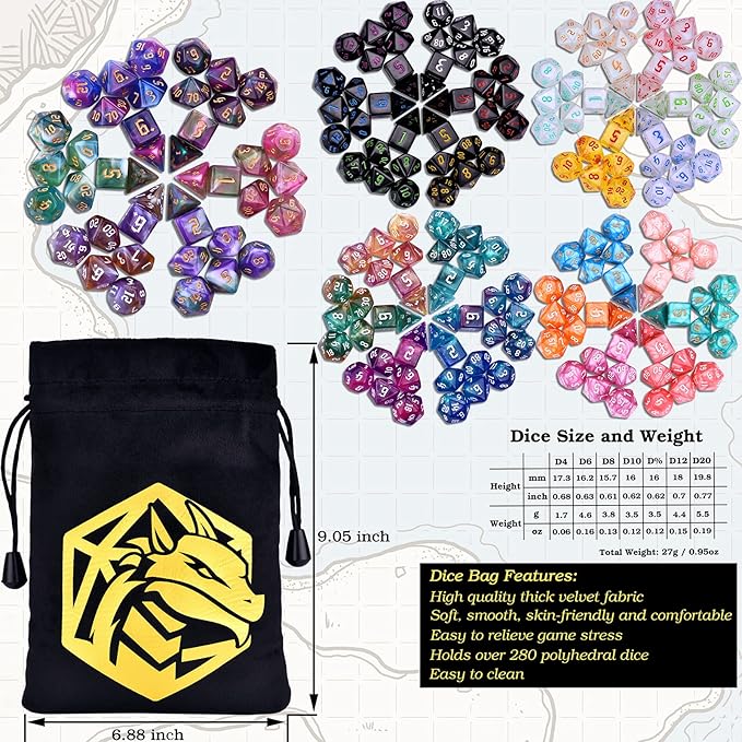 RPG Dice Sets 30 X 7-Die DND Polyhedral Dice (210pcs) with a Large Drawstring Bag for Dungeons and Dragons Tabletop Role Playing Games