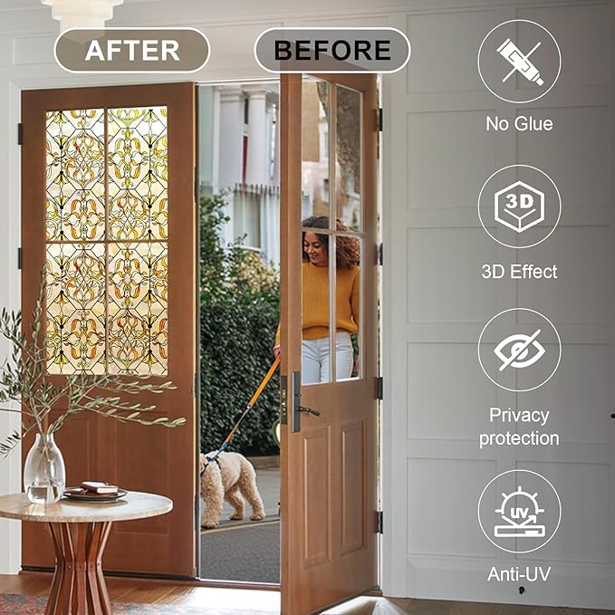 3D Stained Glass Window Privacy Film, Heat Control UV Blocking Static Cling Decorative Window Film for Bathroom,Front Door,Home Non Adhesive 35.4 x 78.7 inches Golden Filigree