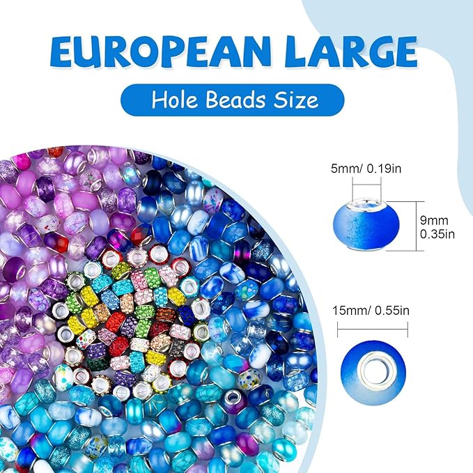 LAIDANLA 150pcs 15mm European Large Hole Beads Bulk for Bracelet Pens Jewelry Making Spacer Charms Craft Beads Decoration (Purple, Lake Blue, Blue)