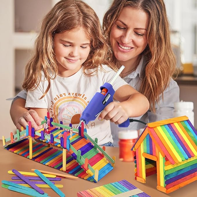 4.5 inch Colored Wooden Sticks Kits, 400PCS Colorful Rainbow Treat Sticks Bulk with Hot Glue Gun and Sticks for Craft Popsicle Home Decoration Project Building Model Kid Classroom Art Craft Supplies