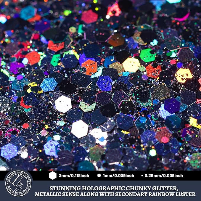LEOBRO Black Glitter, 160g/5.64oz Holographic Chunky Glitter for Crafts, Resin, Body Nail, DIY Decorations, Holographic Black