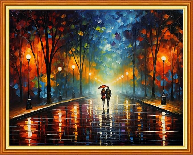 DMCVIVR Stamped Cross Stitch Kits for Adults Beginners Embroidery Kits 11CT Needlepoint Kits Cross Stitch Patterns Embroidery Patterns-Strolling on a Rainy Night 16x20 inch