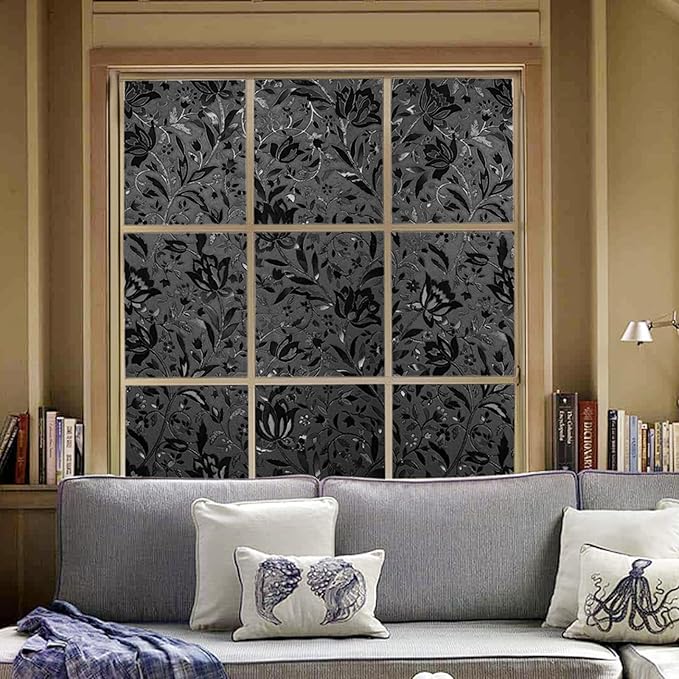 LEMON CLOUD Total Blackout Window Film Privacy Static Cling Frosted Black Window Covering 100% Opaque Film Tint Darkening Removable Film for High Privacy，(Blackout Tulip Design,29.5 x157.4 inches)