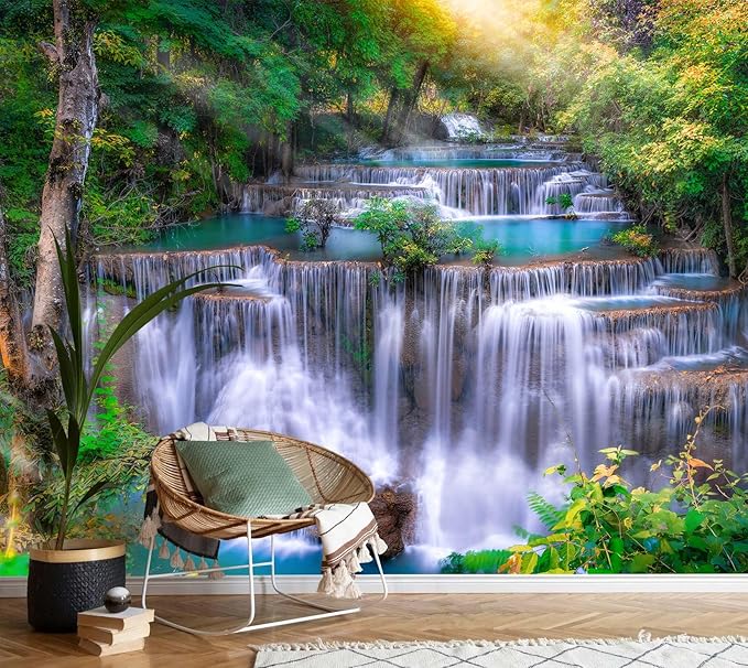 AFZEVEB-Green Waterfall Nature Landscape Wallpaper Wall murals for Kids Room 114"x74"(Not Peel and Stick)