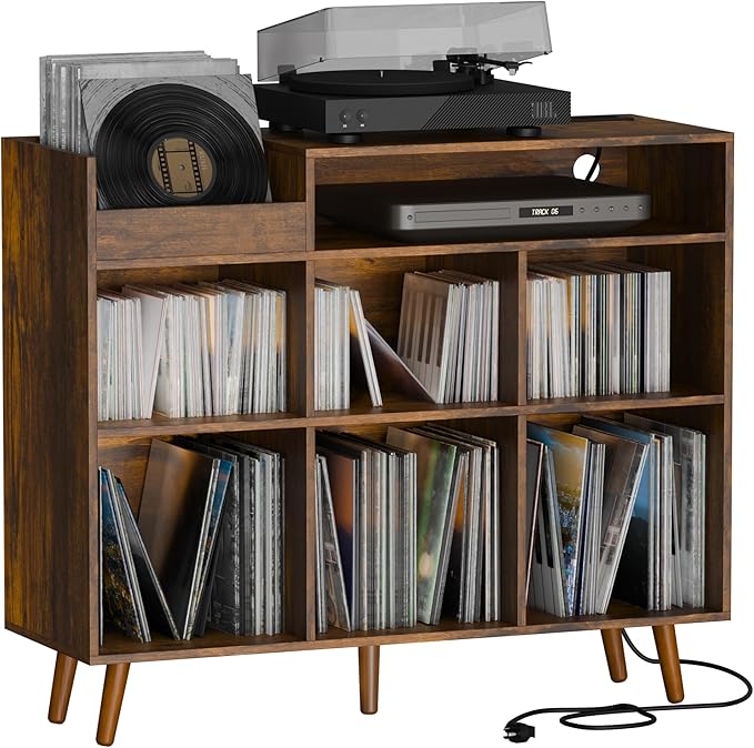 Cozy Castle Large Record Player Stand, Vinyl Storage Cabinet Mid Century Modern Turntable Stand Media Console Table Open Shelf Cube CD Album Holder Organizer for Living Room, Office, Rustic Brown