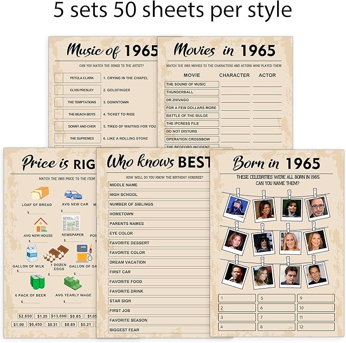 QUPT 60th Birthday Party Games, Set of 5 Activities for 10 Guests, Born in 1965 Games Bundle, Birthday Party Supplies for Adults, Pack of 50 Cards