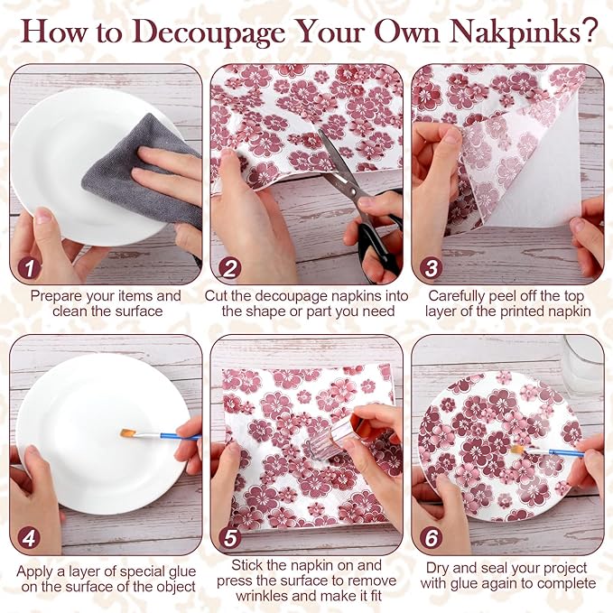 Epakh 36 Pack 6 Style Burgundy Decoupage Paper Napkins Assorted Floral Decorative Decoupage Napkin Chinoiserie Cocktail Paper for DIY Crafting Fall Christmas Wedding Party Decor, Each Unfolded 13''