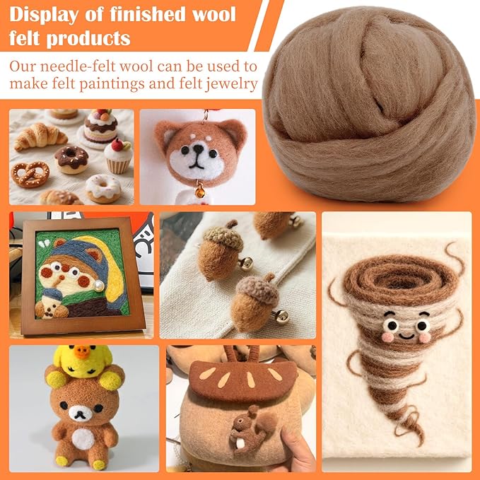 Mayboos Wool Roving Yarn, 1.76oz Colored Natural Wool Roving,Wool Felting Supplies Pure Wool Chunky Yarn for Wet Felting handcrafts and Spinning (Bright Brown Color)