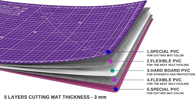 Self Healing Cutting Mat A3 12"x18" – Double Sided 5-Ply Craft Mat for Sewing, Quilting, Fabric, Scrapbooking – Pink/Purple