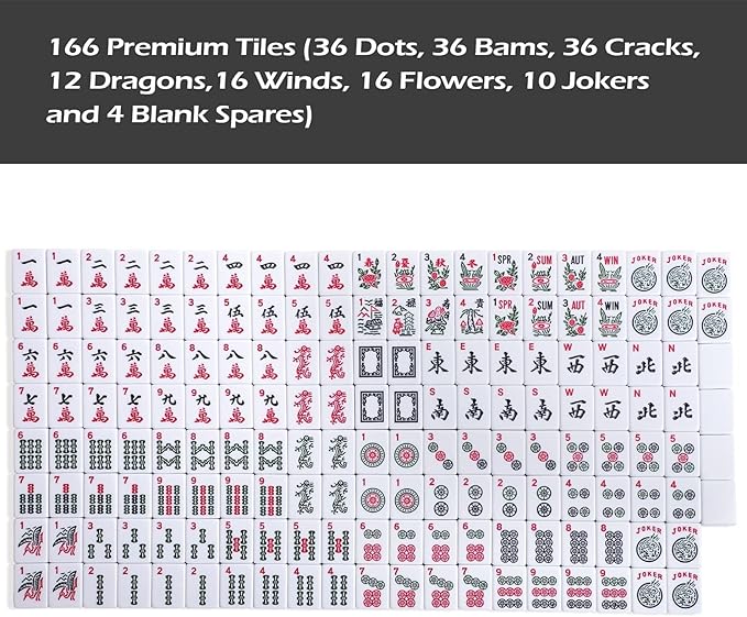 American Mahjong Game Set, 166 Quality White Tiles, 4 All-in-One Color Rack/Pushers, Mahjong Tile Set with Light Blue Printed Carrying Bag