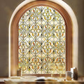 3D Stained Glass Window Privacy Film, Heat Control UV Blocking Static Cling Decorative Window Film for Bathroom,Front Door,Home Non Adhesive 35.4 x 78.7 inches Golden Filigree