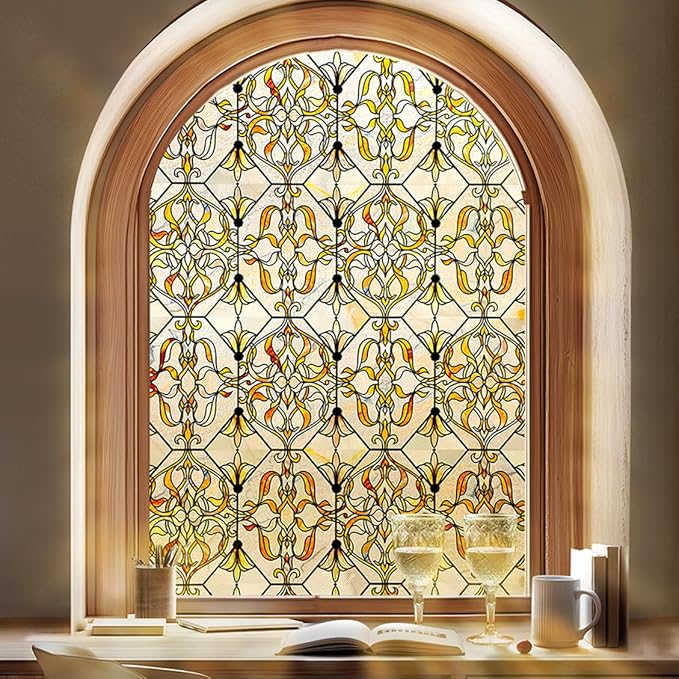3D Stained Glass Window Privacy Film, Heat Control UV Blocking Static Cling Decorative Window Film for Bathroom,Front Door,Home Non Adhesive 35.4 x 78.7 inches Golden Filigree