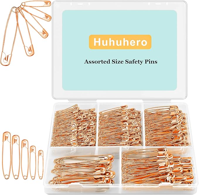 340 Pack Safety Pins Assorted, 5 Different Sizes Small and Large Safety Pins for Clothes Costume, Nickel Plated Steel Bulk, Sewing Crafts Art Supplies, Rose Gold