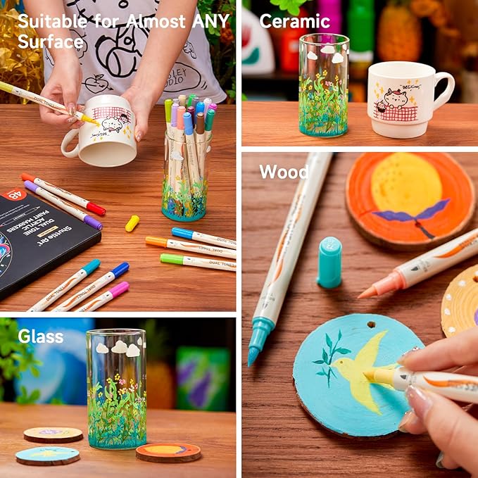Shuttle Art 24 pack Dual Tone Acrylic Paint Markers, 48 Colors Acrylic Paint Pens for Rock Painting, Ceramic, Wood, Canvas, Glass, Stone, Fabric, Card Making, DIY & Art Supplies