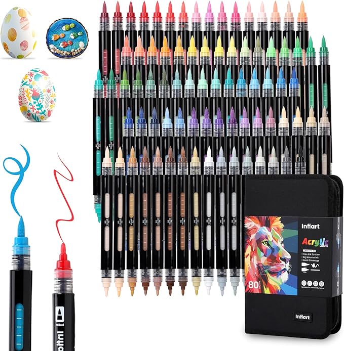 80 Colors Dual Tip Acrylic Paint Markers Automatic Ink Control Acrylic Paint Pens, Fine & Brush Tip Acrylic Markers Set for Rock Painting, Stone, Wood, Canvas, DIY & Art Supplies