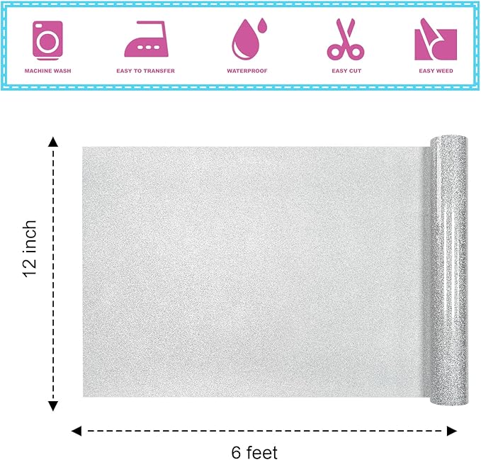 Silver Glitter Heat Transfer Vinyl 12Inch*6FT Glitter Iron on Vinyl for T Shirts Easy to Cut and Weed Compatible with All Cutter Machines HTV Vinyl Iron on for Cricut (Silver12Inches*6Ft)