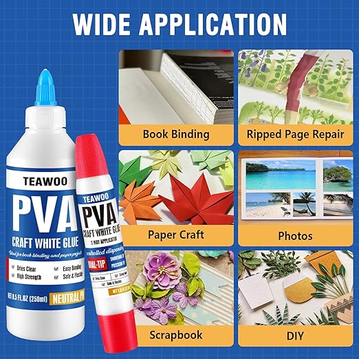 Book Repair & Binding Glue Kit – 8.5 Oz + 2×1.35 Oz Acid-Free PVA Adhesive – Neutral pH, Dries Clear & Flexible for Books, Crafts, Collages & Paper Art, Used for Bookbinding and Book Repair